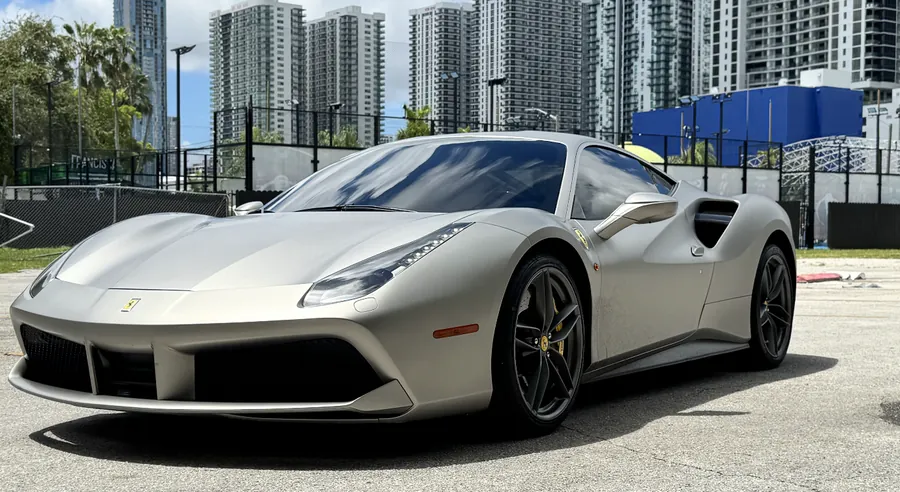 Silver Ferrari 488, seen through the selected tint shade