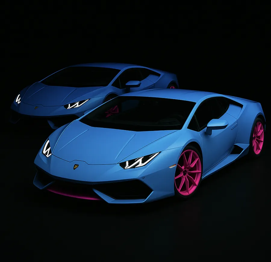 Two blue Lamborghini Huracans with pink wheels