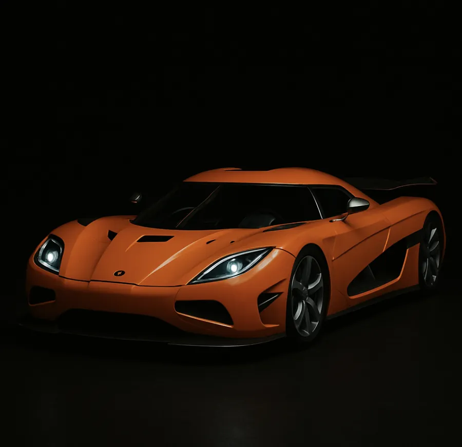 Orange Koenigsegg on a black background