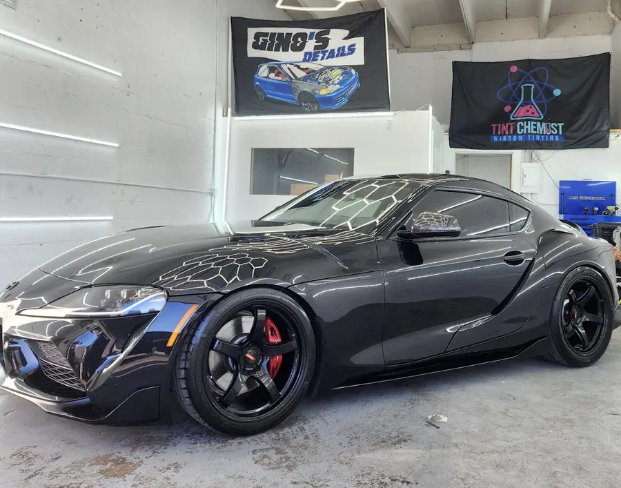 Grey Toyota Supra in the shop